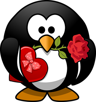 Romantic Penguin Holding Heartand Rose PNG