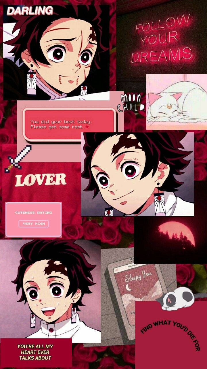 Romantic Red Tanjiro Aesthetic Collage Wallpaper
