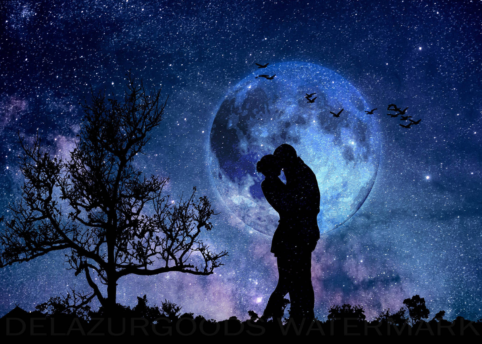 Romantic Scene Witnessed By The Moon Wallpaper