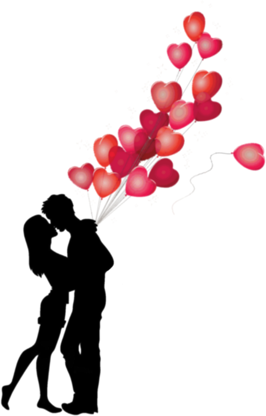 Romantic Silhouette Couple With Heart Balloons PNG