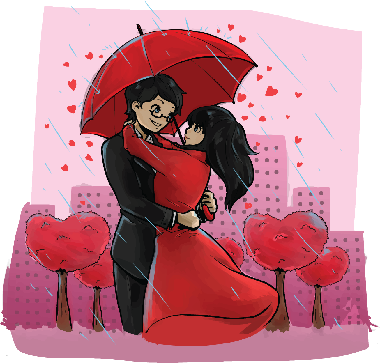 Romantic Umbrella Embrace Cityscape Love PNG