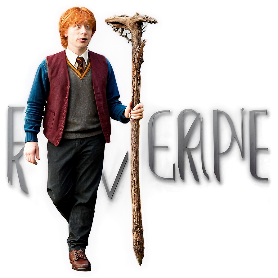 Ron Weasley con uniforme de Gryffindor sosteniendo una varita de madera con texto 'WEASLEY' detrás de él.