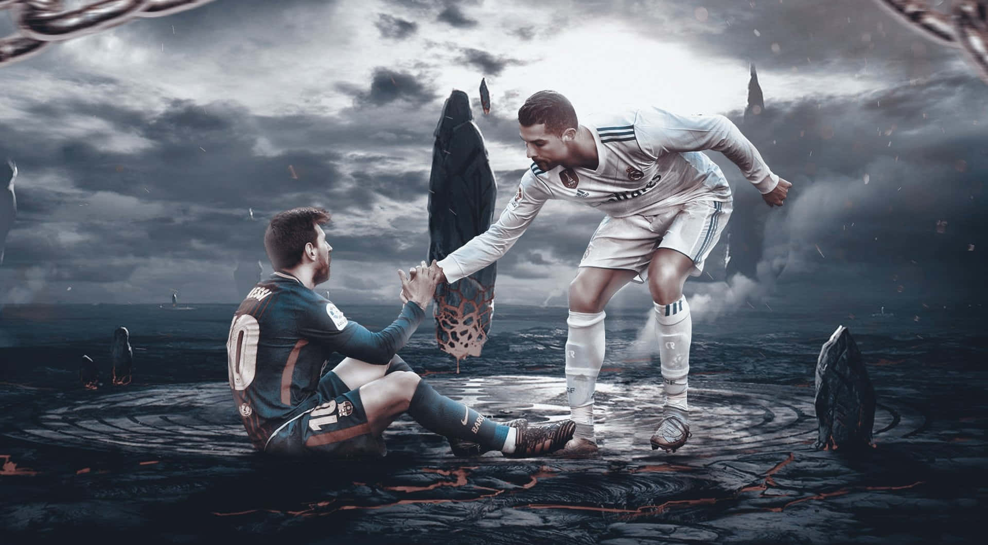 Ronaldo Helping Messi Fantasy Artwork Wallpaper