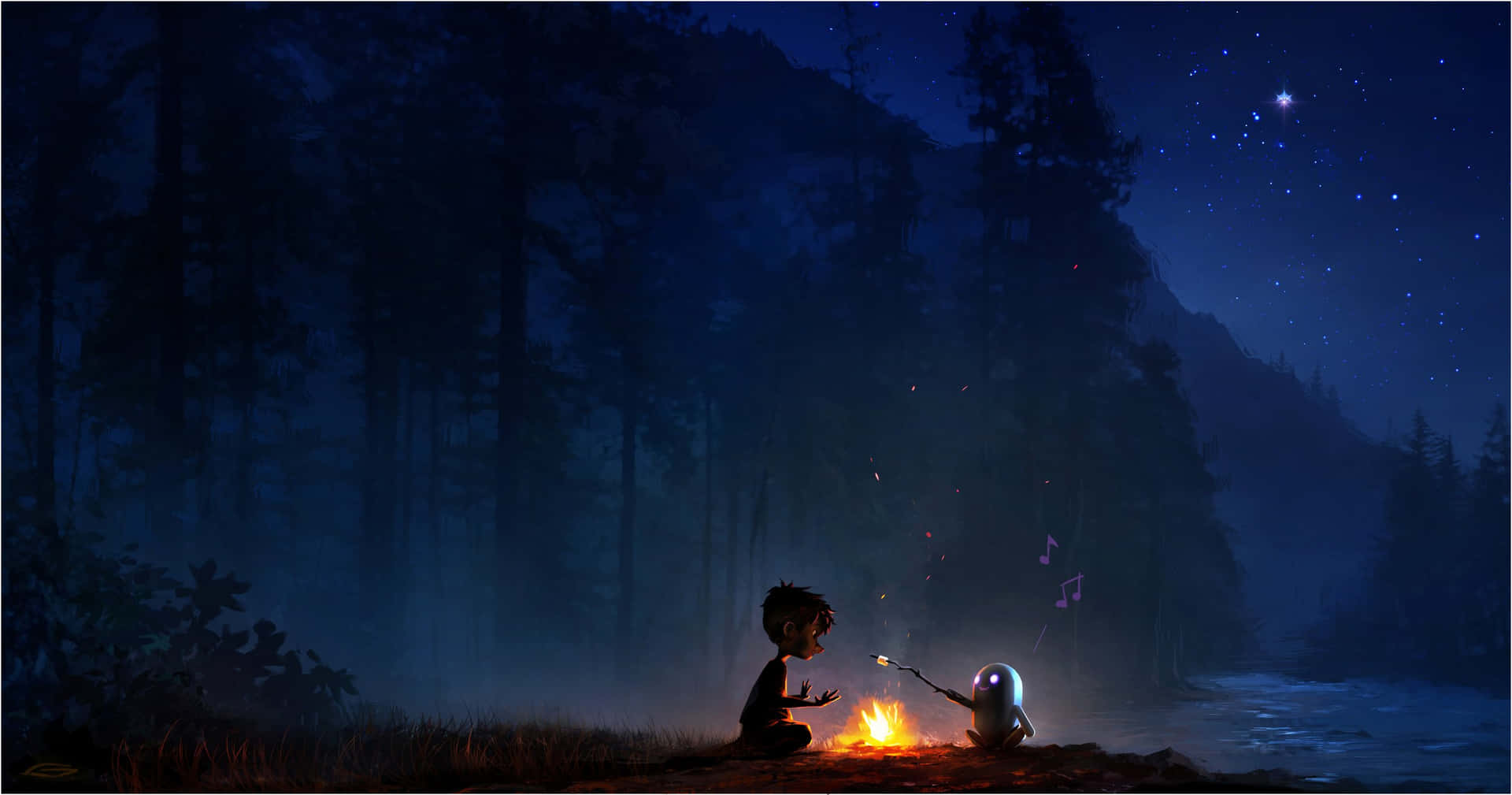 En dreng og pige siddende omkring et lejrbål om natten Wallpaper