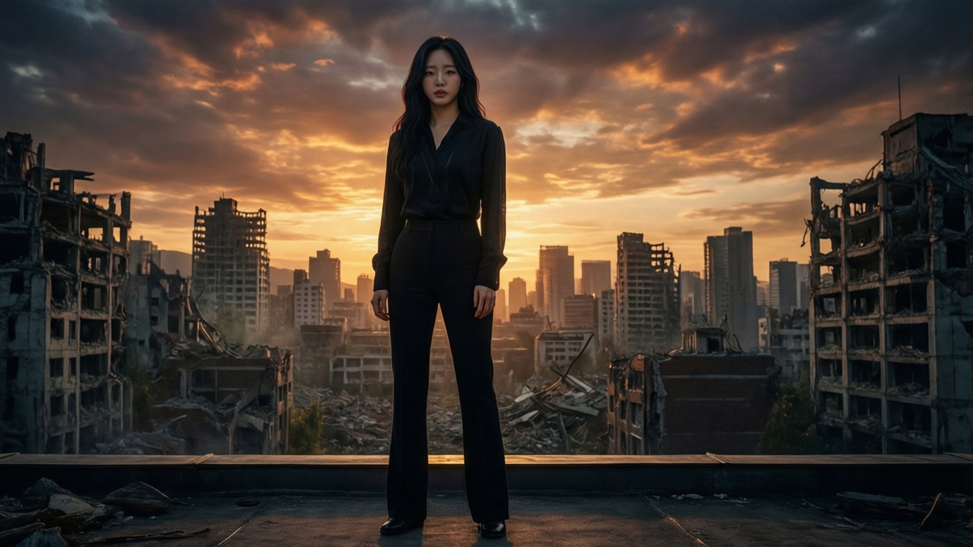 Hyun-su silhouetted against a blazing sunset over a destroyed city. wallpaper
