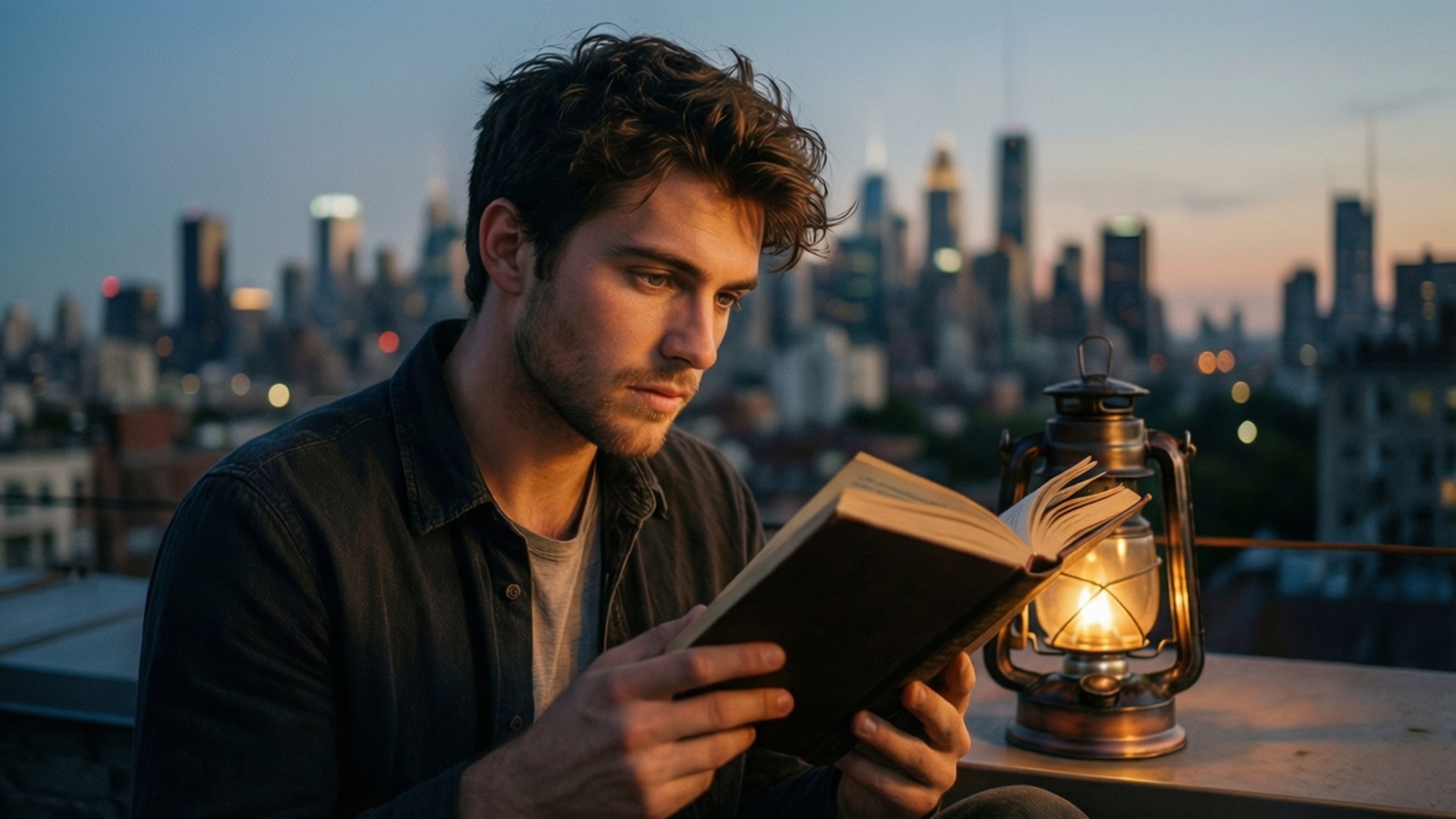 Een man leest op een dak bij zonsondergang.