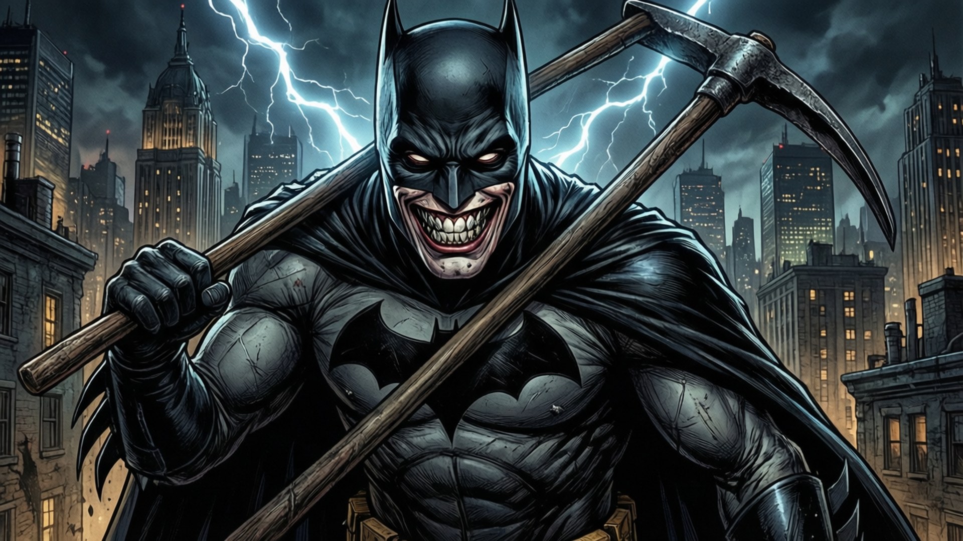 Dakdreiging Achtergronden — Batman Who Laughs op een Gotham-dak, bliksem en schaduwen