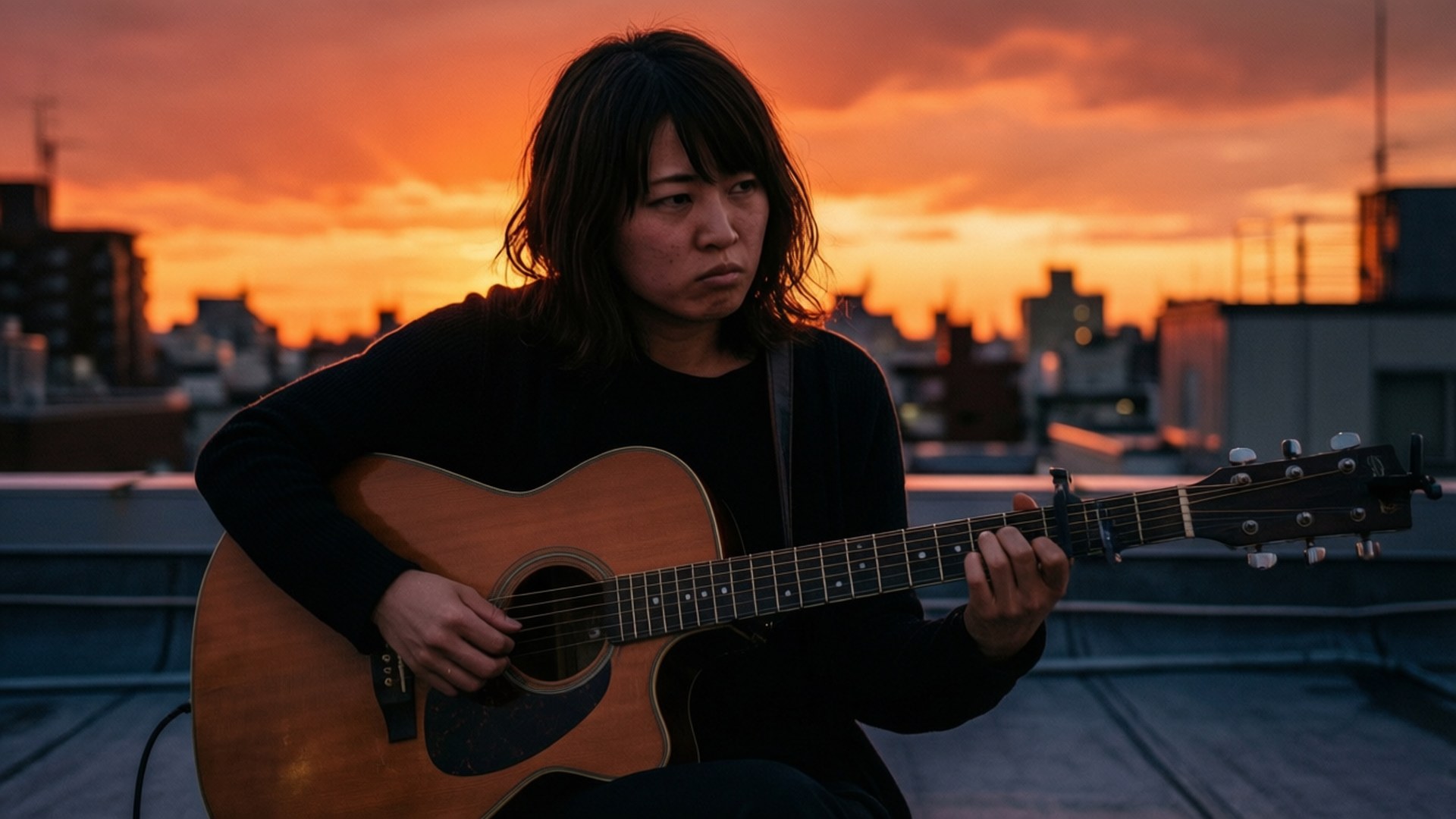 Azusa oefent gitaar bij zonsondergang op het dak