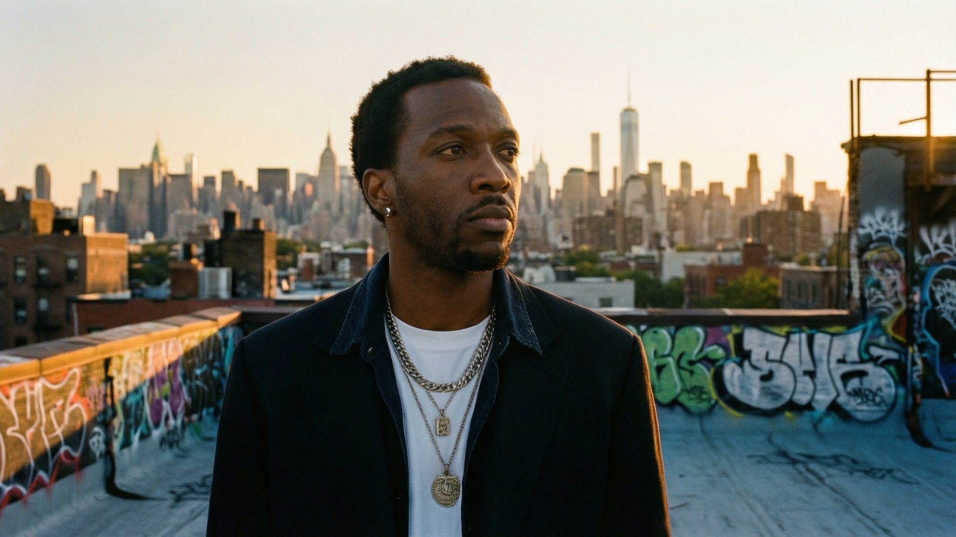 Talib Kweli med udsigt over NYC skyline ved solnedgang.