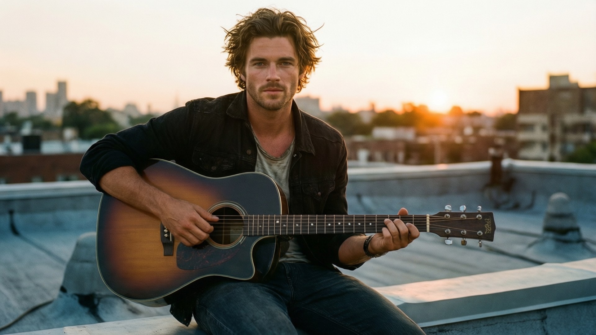 Brenton Thwaites spiller guitar på et tag ved solnedgang