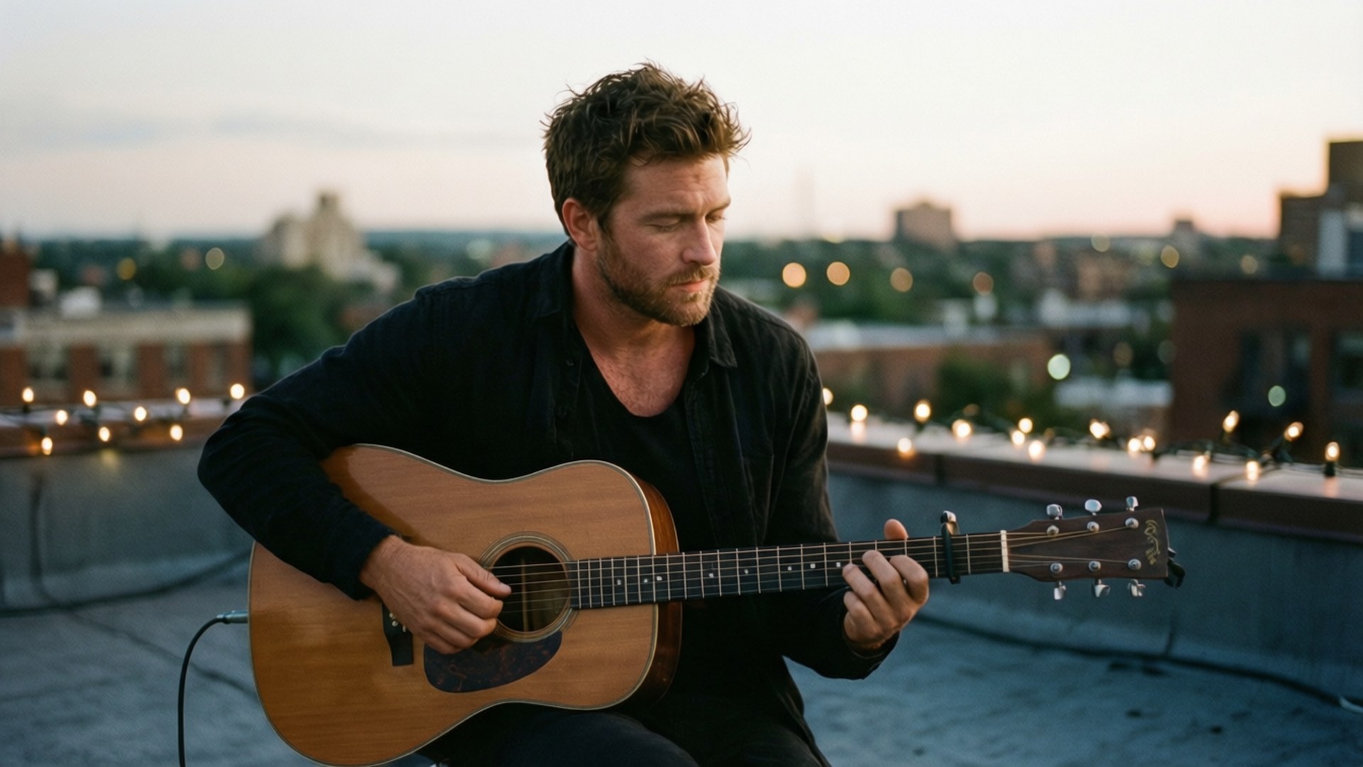 Darin Brooks strumming guitar at city dusk.