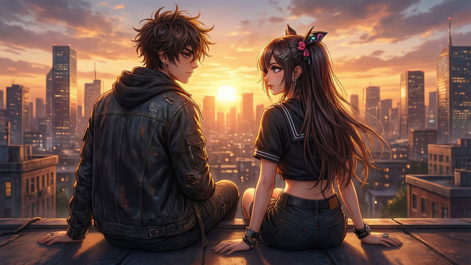 Rooftop Sunset Wallpaper — A young couple sits on a rooftop at sunset overlooking a glowing cityscape with tall buildings and warm orange light.