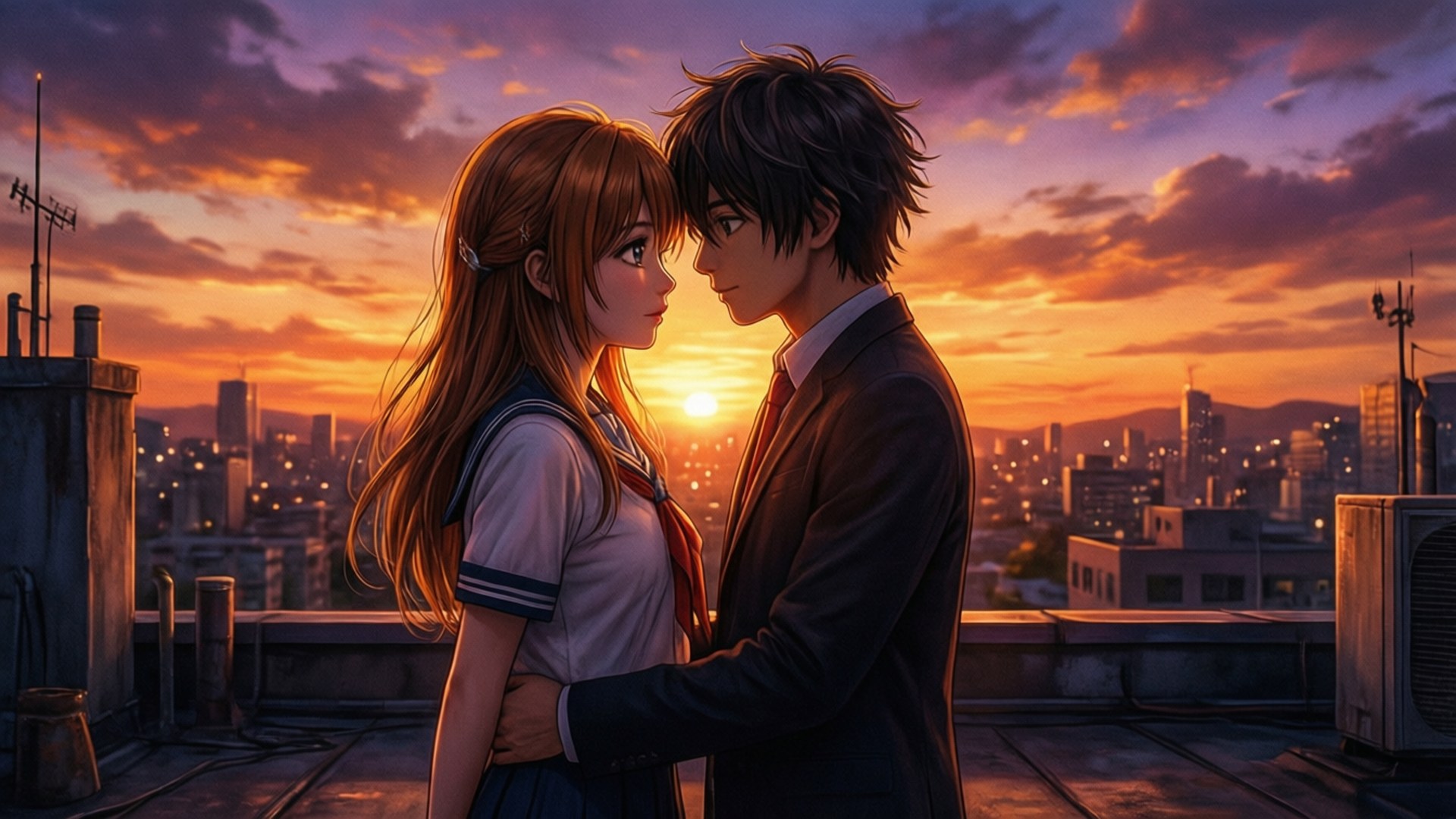 Silhouettes of Hina and Hodaka on a rooftop at sunset