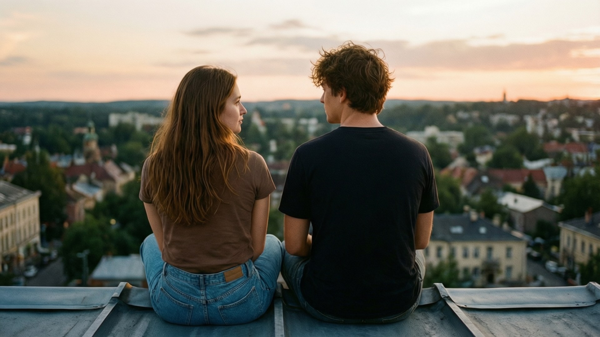 Pasangan remaja di atap menghadap kota, matahari terbenam, romantis, The Society