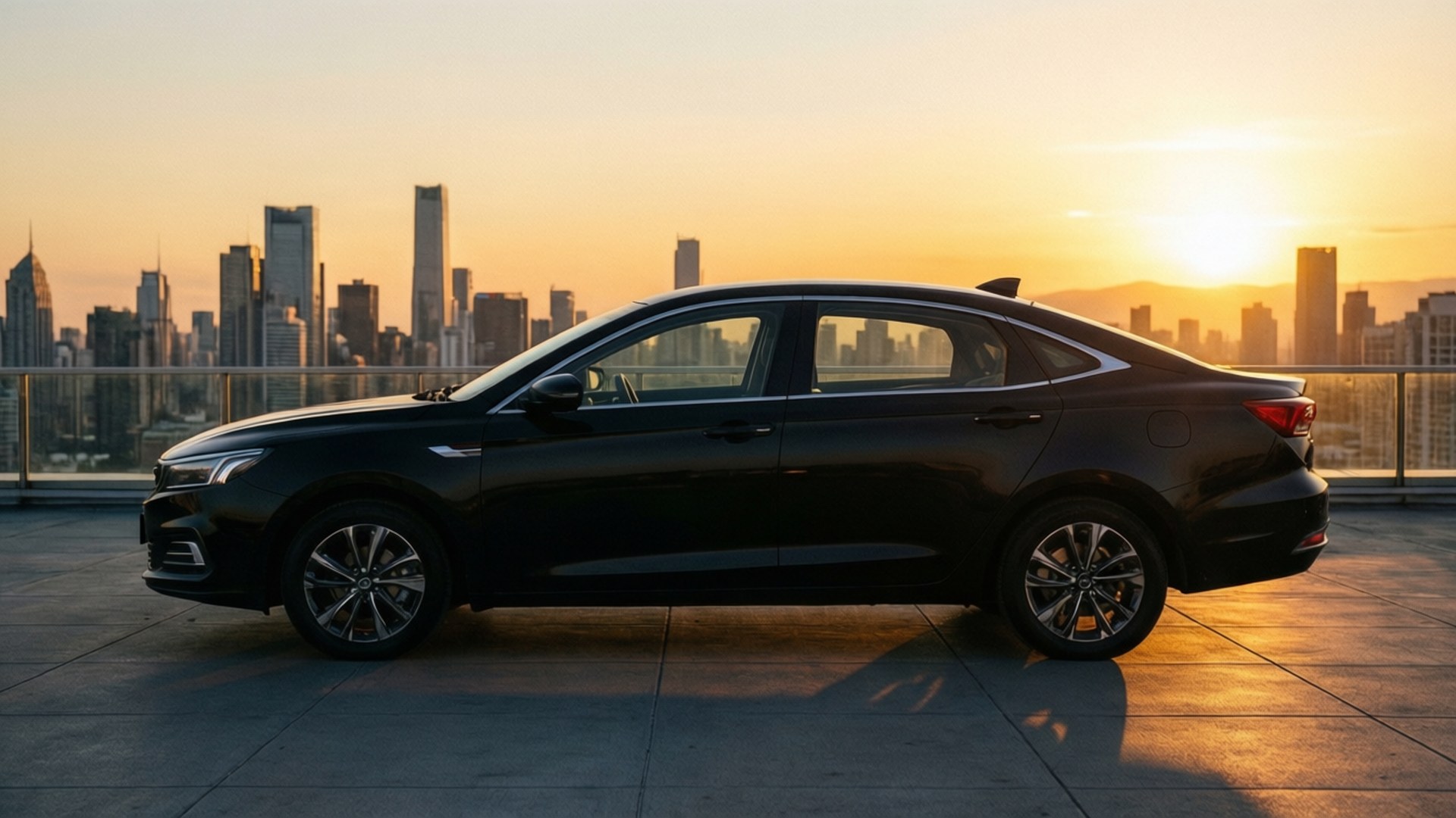 Geely GC9 negro en una azotea con vista a la ciudad al atardecer.