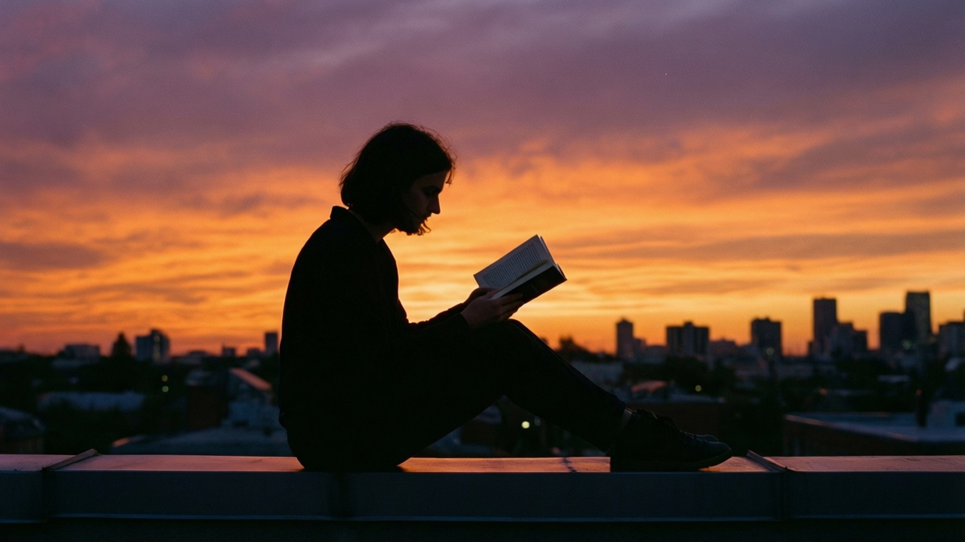 Lector en la Azotea al Atardecer Fondos de pantalla — Una silueta leyendo en una azotea durante una hermosa puesta de sol.