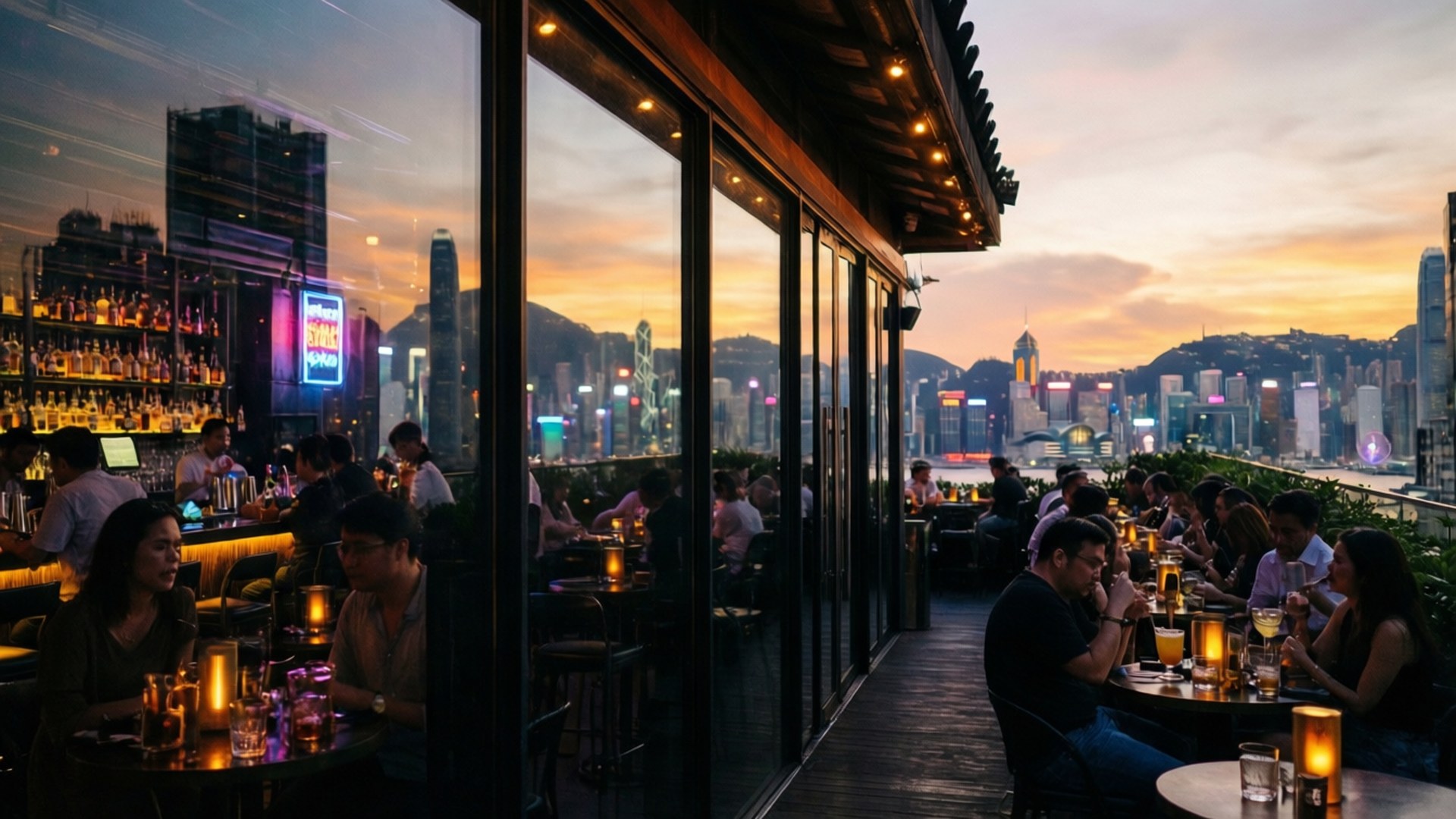 Eine romantische, filmreife Dachterrassen-Barszene mit Blick auf die Skyline von Mong Kok, während die Sonne untergeht.