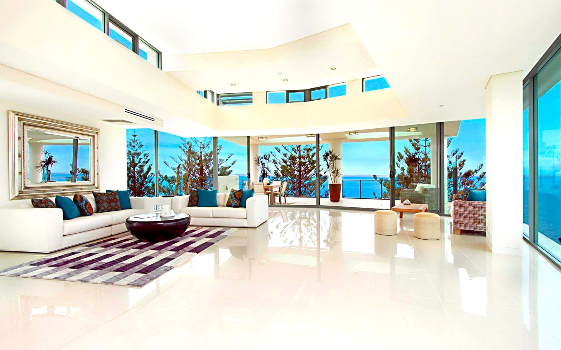 Large White Living Room With Ocean View Background