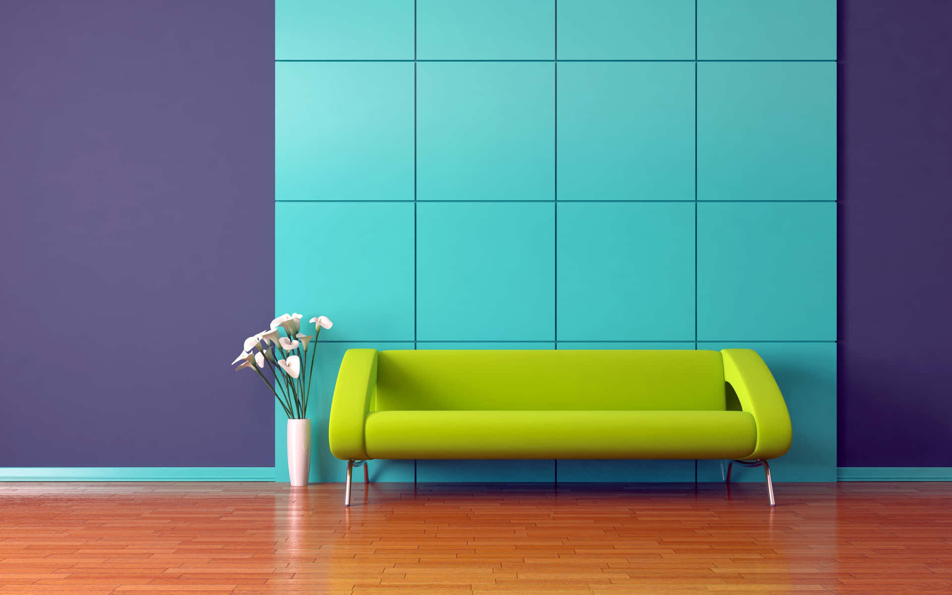 Green Couch In Purple And Blue Room Background