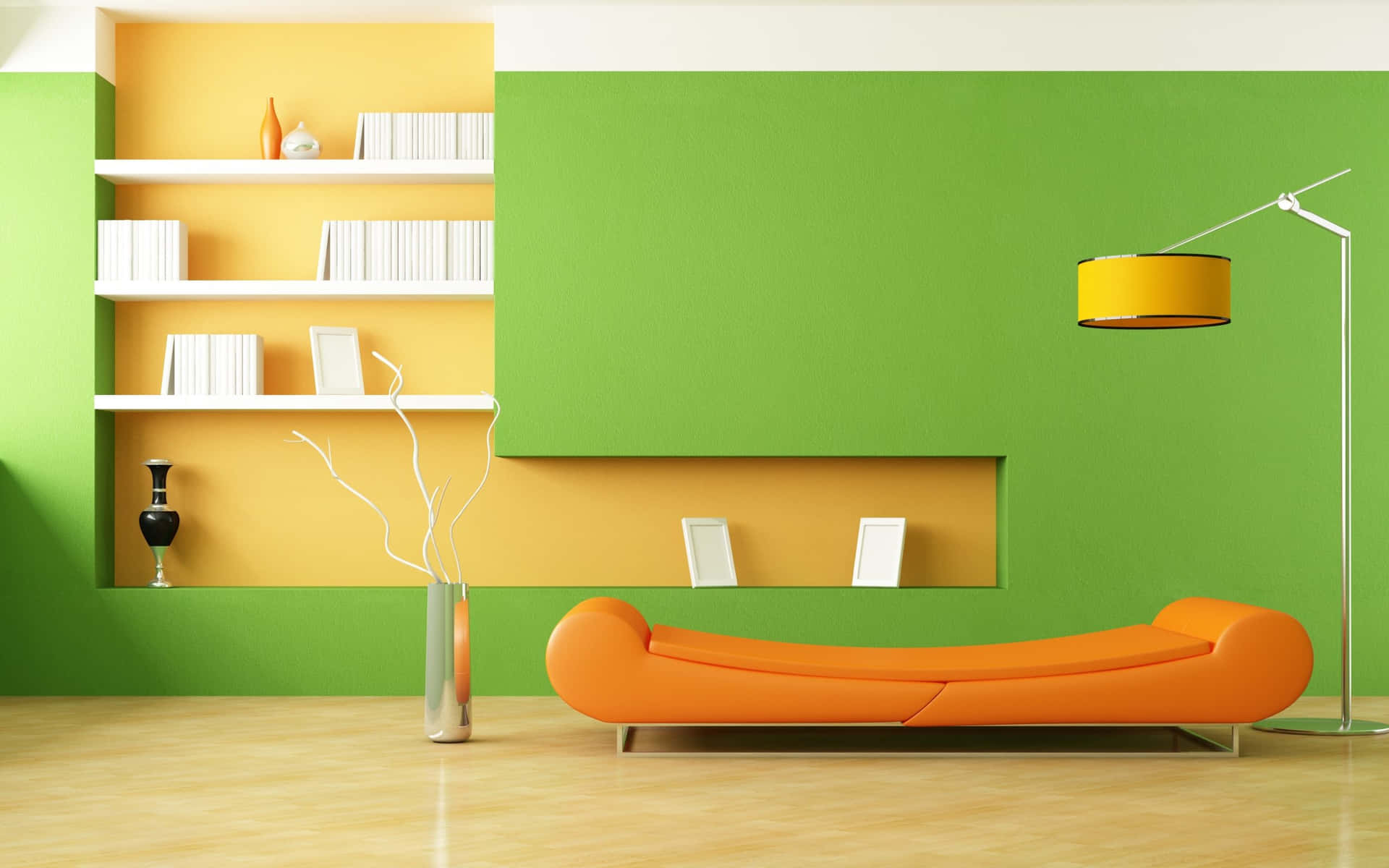 Fondode Pantalla Con Un Sofá Naranja Frente A Una Pared Verde En Una Habitación.