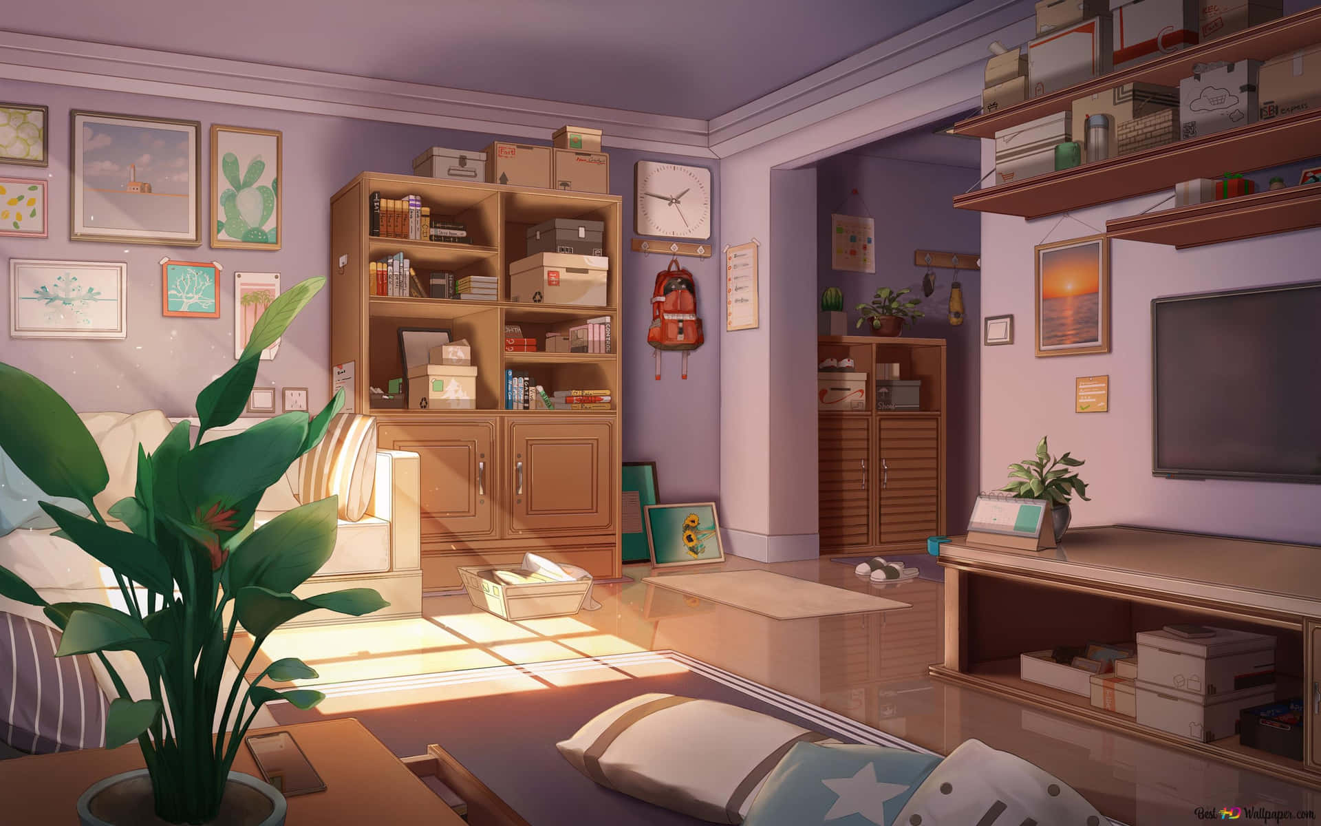 Animeestetiskt Vardagsrum Som Bakgrund Till Datorn Eller Mobiltelefonen