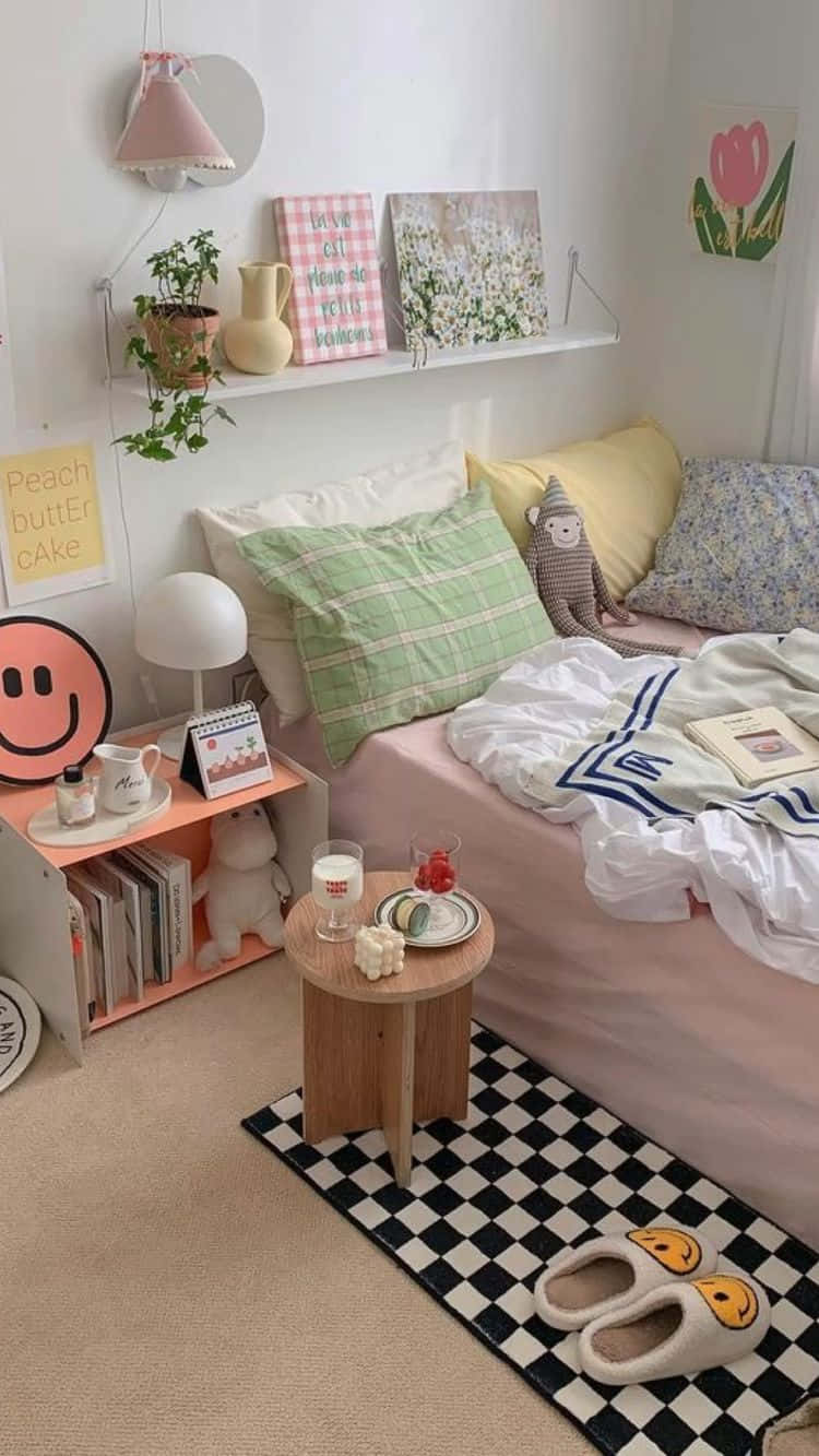 A Bedroom With A Bed, Pillows, And A Checkered Floor