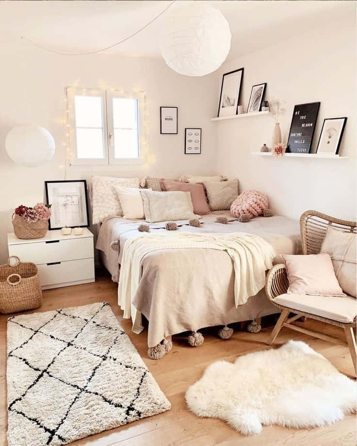A Bedroom With A Bed, Pillows, And A Rug