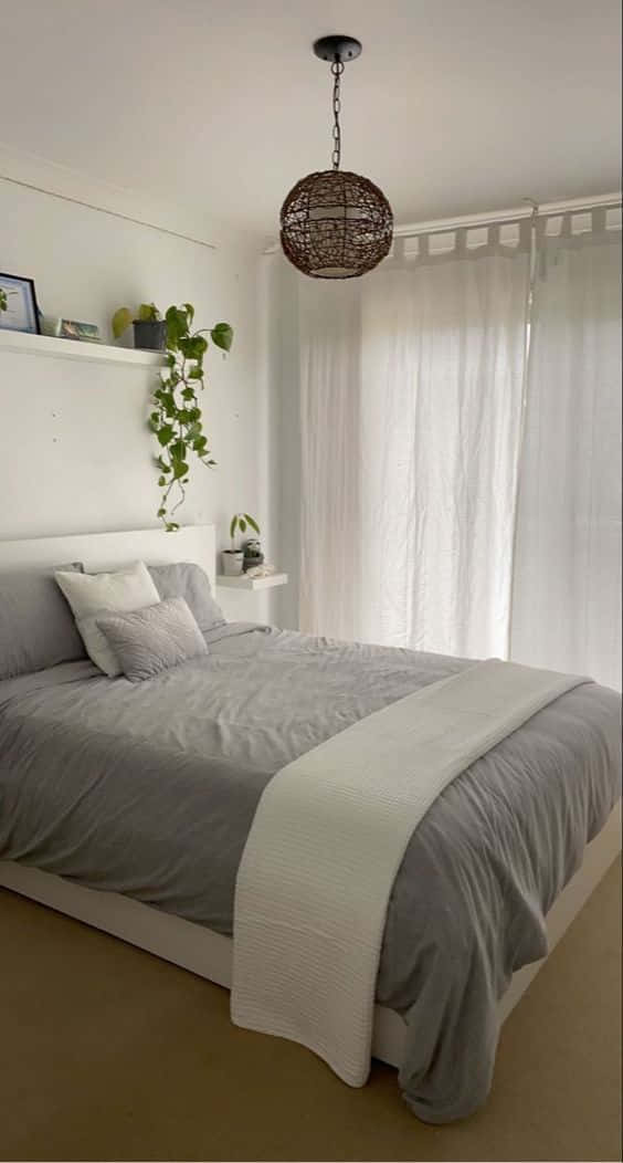 A White Bedroom With A Bed And A Plant Hanging Above It