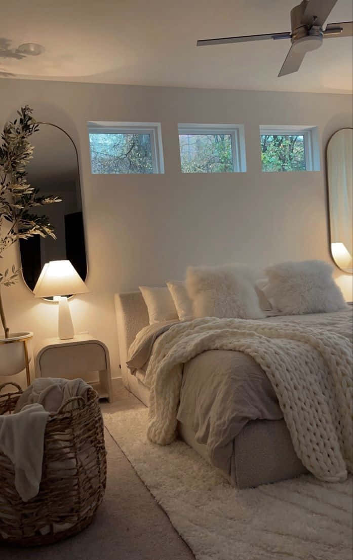 A White Bedroom With A Fan And A Bed