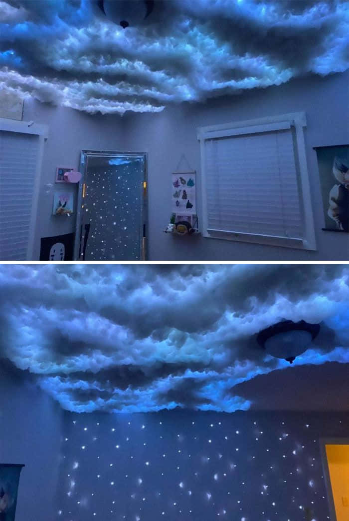 A Bedroom With A Blue Ceiling And Stars