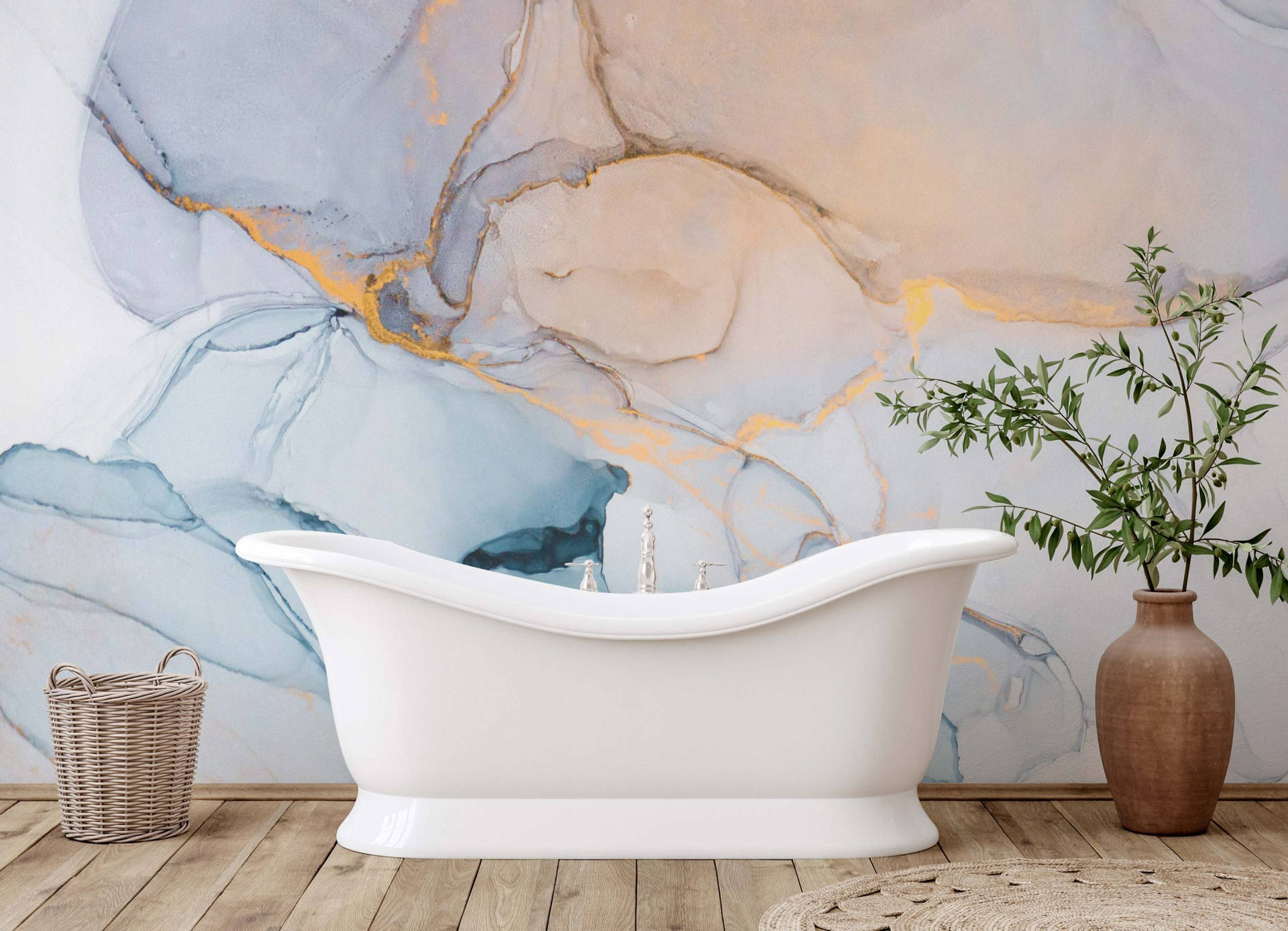 Room White Bathtub Marble Wall Wallpaper