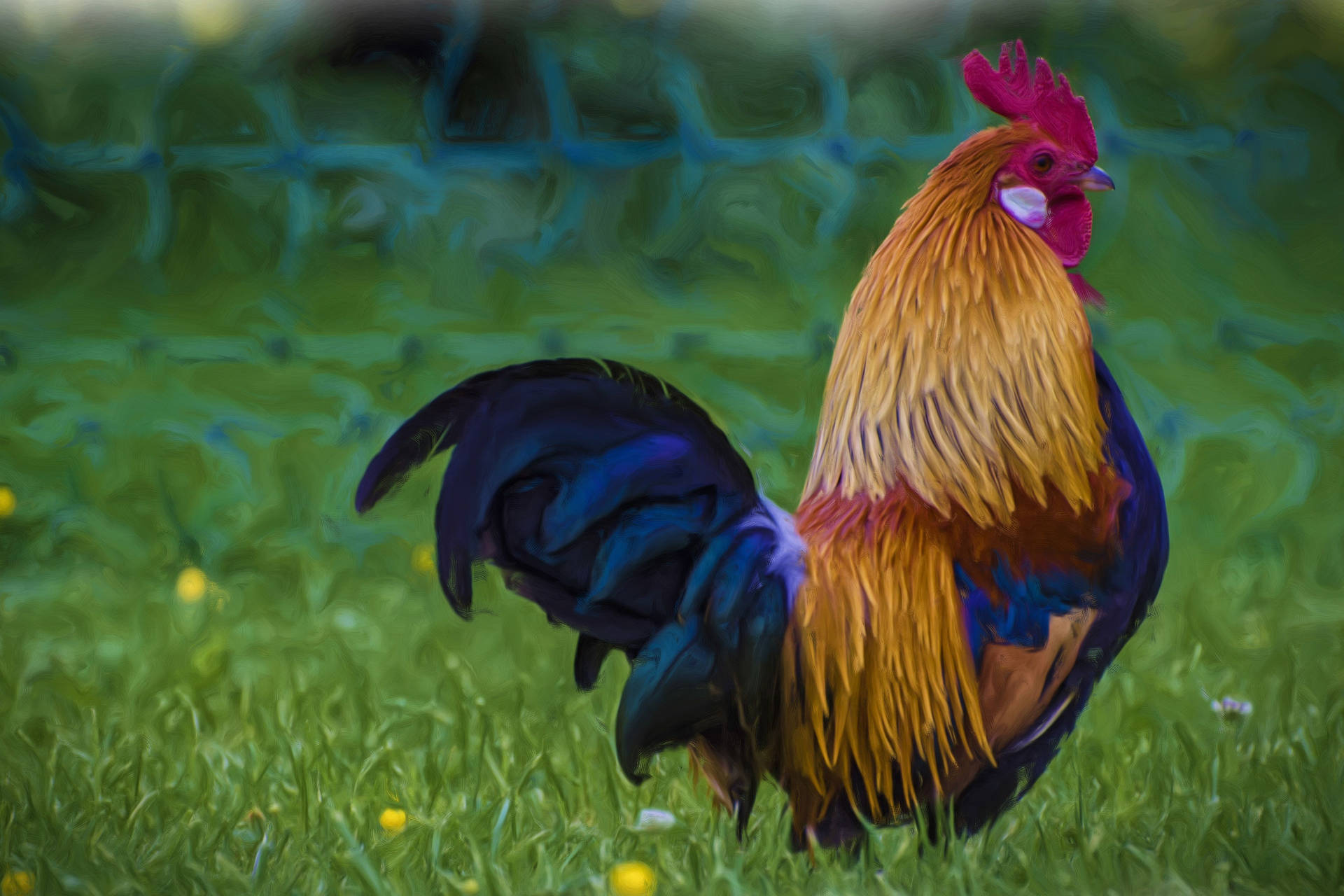 Rooster In Floral Grass Wallpaper
