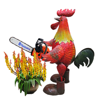 Rooster_with_ Chainsaw_and_ Flowers PNG