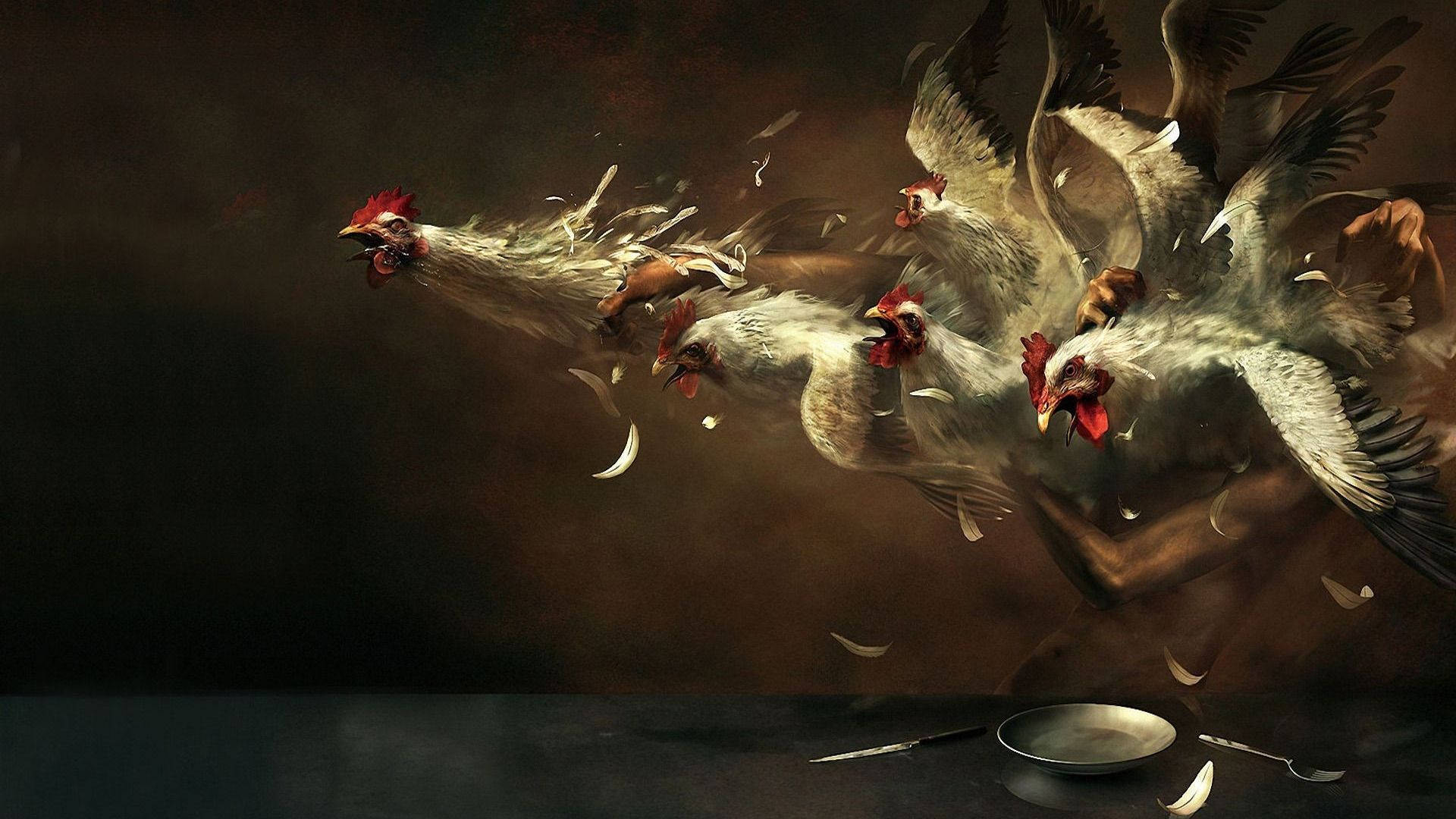 Roosters With Hungry Man Wallpaper