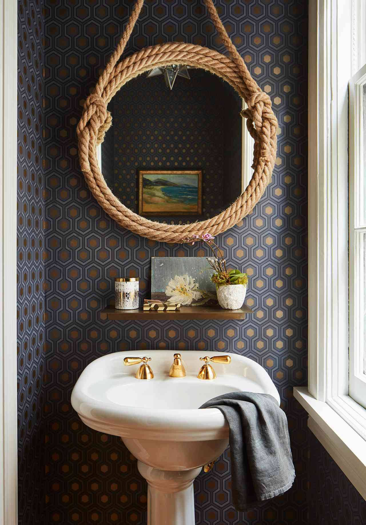 Rope Frame Round Mirror Bathroom Wallpaper