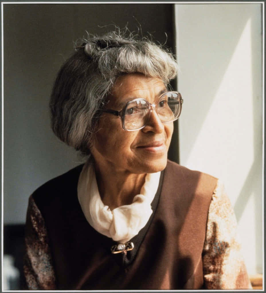 En kvinde iført briller siddende foran et vindue med bøger