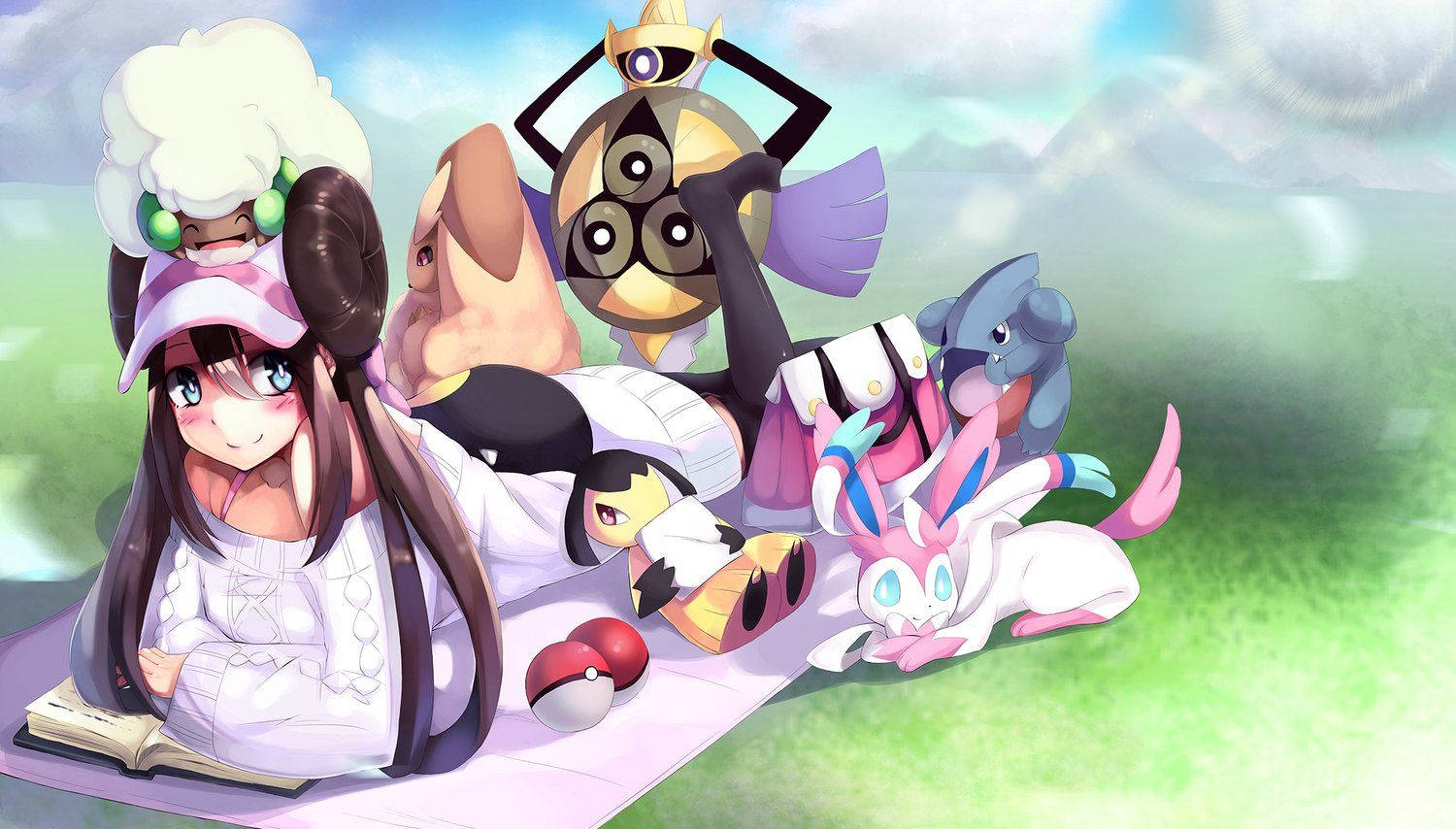 pokemon - a girl laying on the grass with her friends Wallpaper