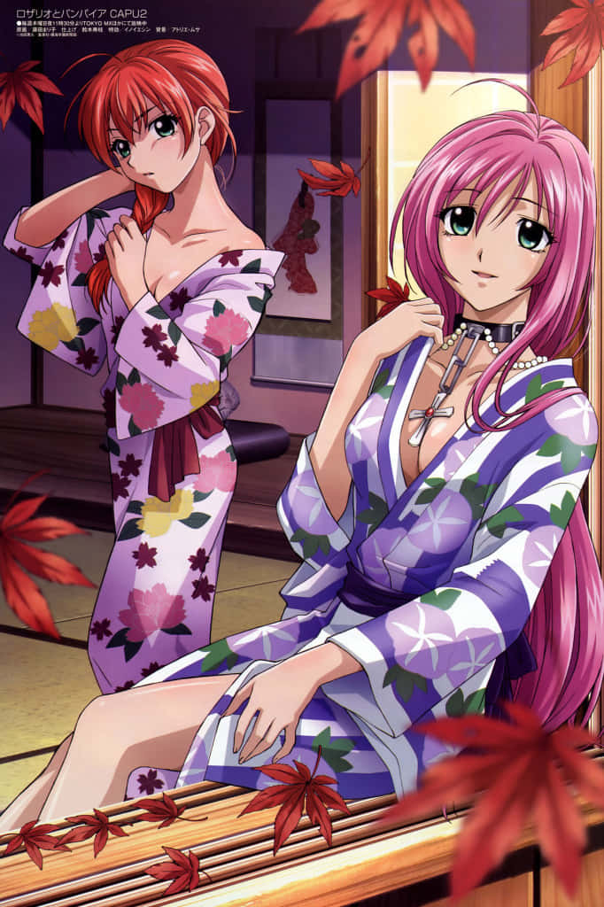 Two Anime Girls In Kimono Sitting In A Mirror Wallpaper