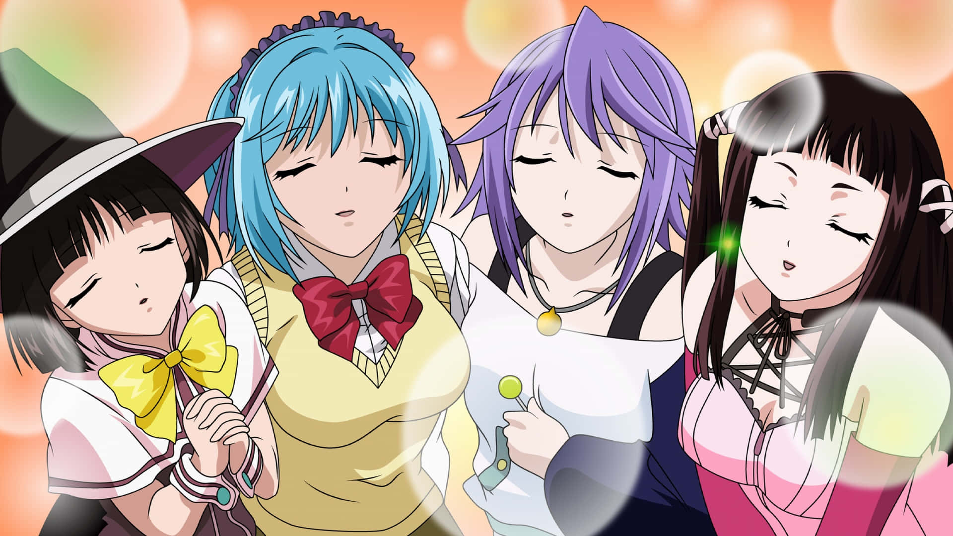 A Group Of Anime Girls With Bubbles In Their Hair Wallpaper