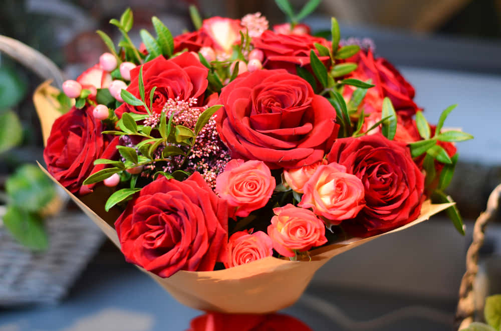 Enbuket Af Røde Roser Og Pink Blomster