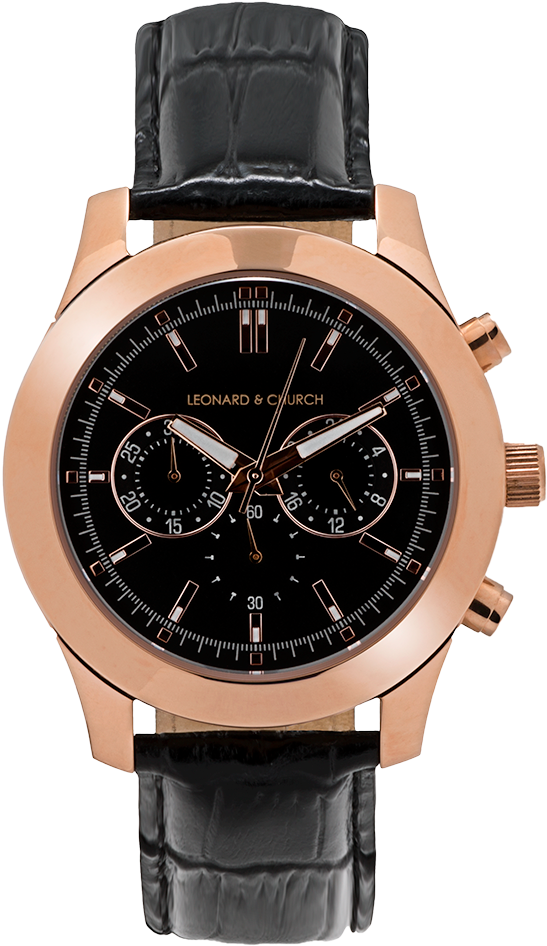 Rose Gold Chronograph Watchwith Black Leather Strap PNG