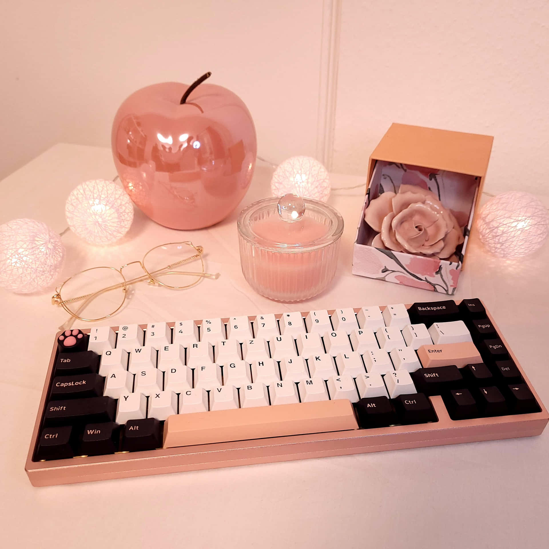 Rose Gold Pastel Desk Setup Wallpaper