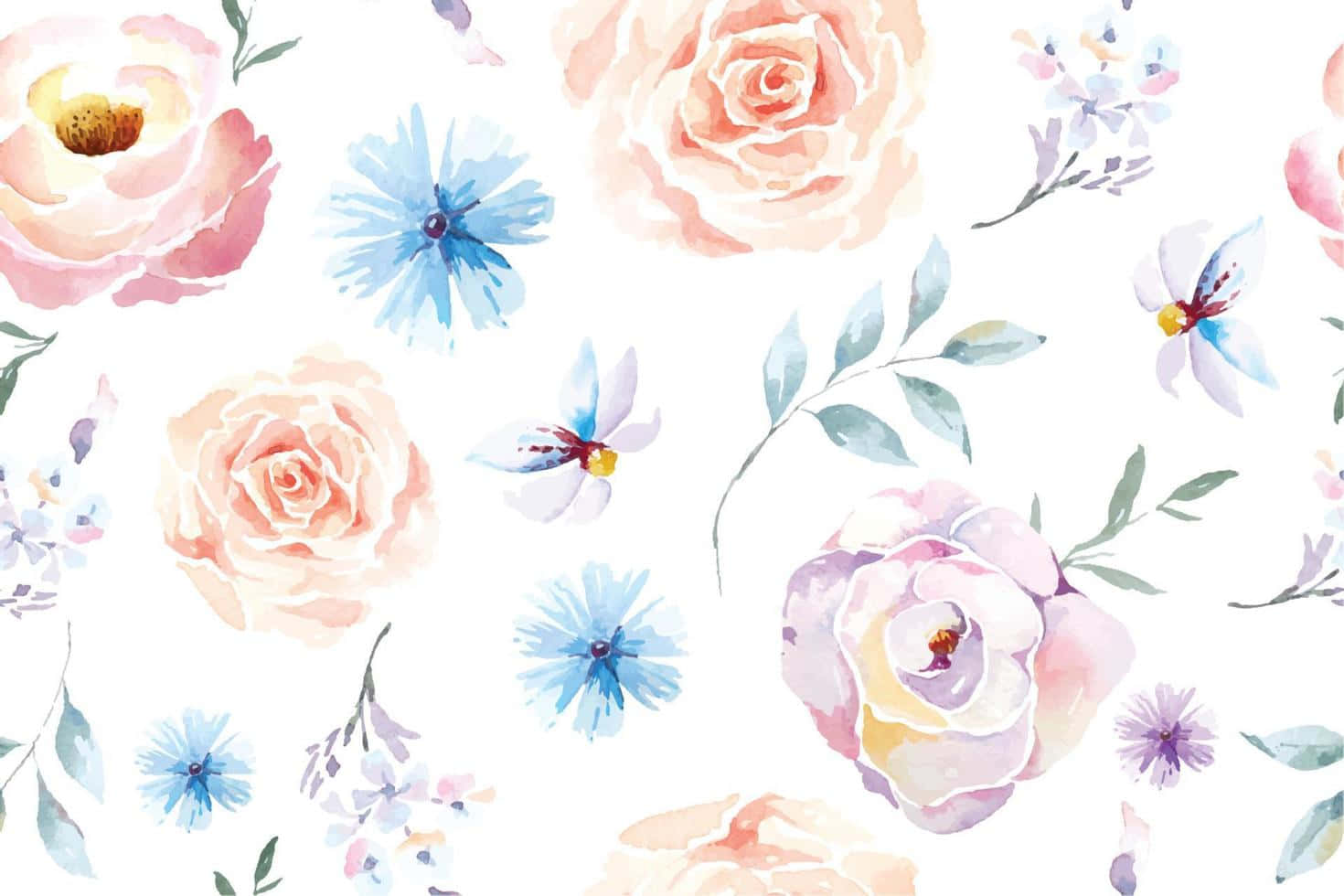 Watercolor Floral Pattern With Blue And Pink Flowers Wallpaper