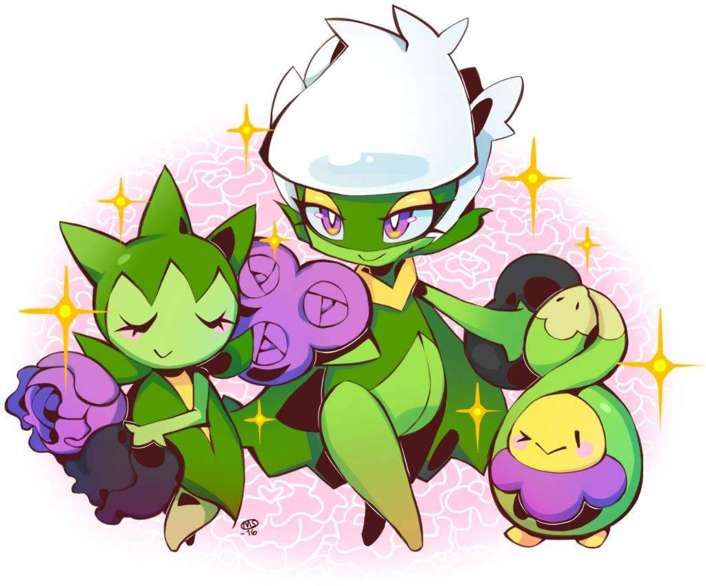 Roselia, Roserade And Budew With Purple Roses Wallpaper