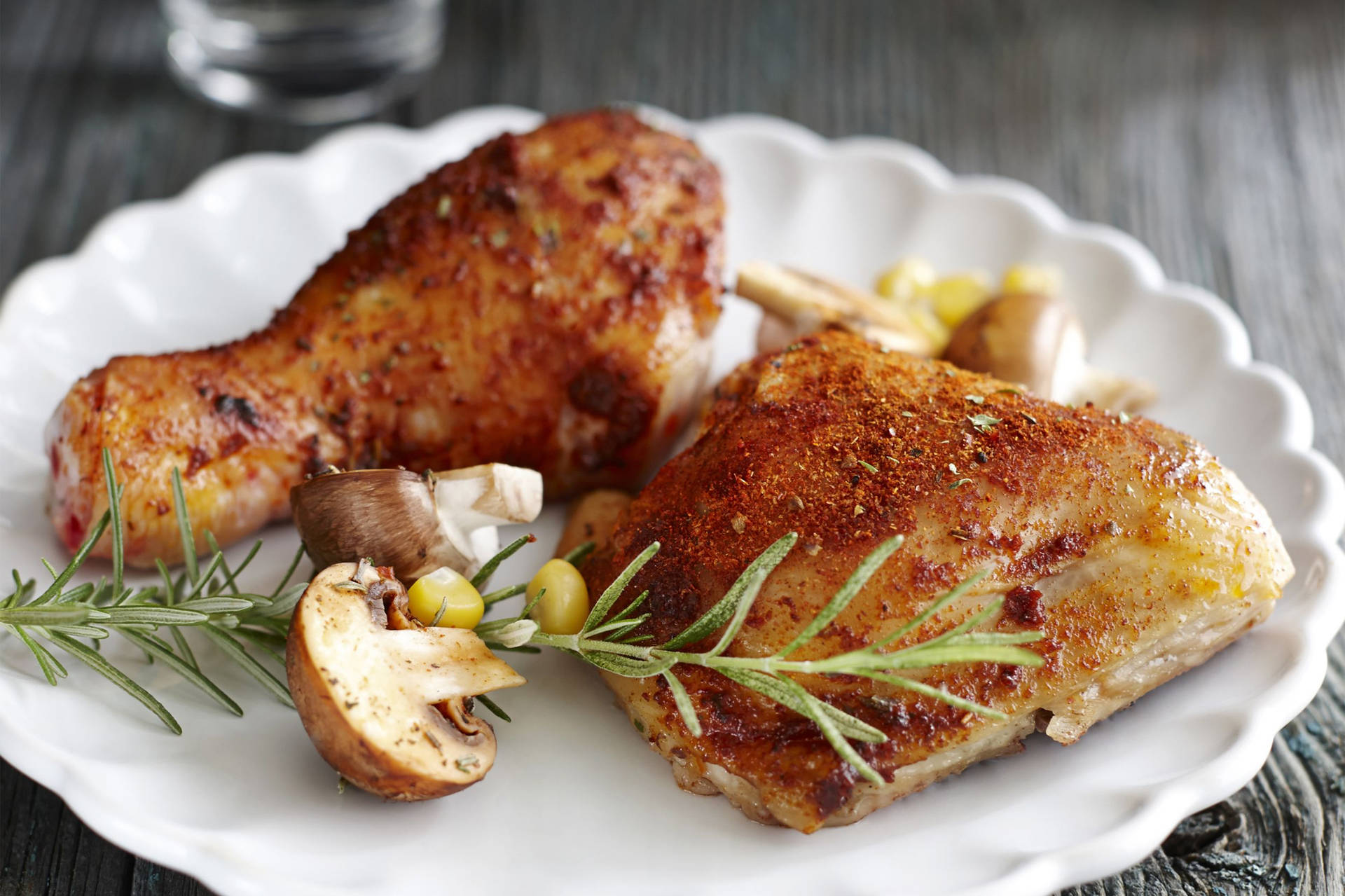 Gourmet Fried Chicken with Rosemary and Mushrooms Wallpaper
