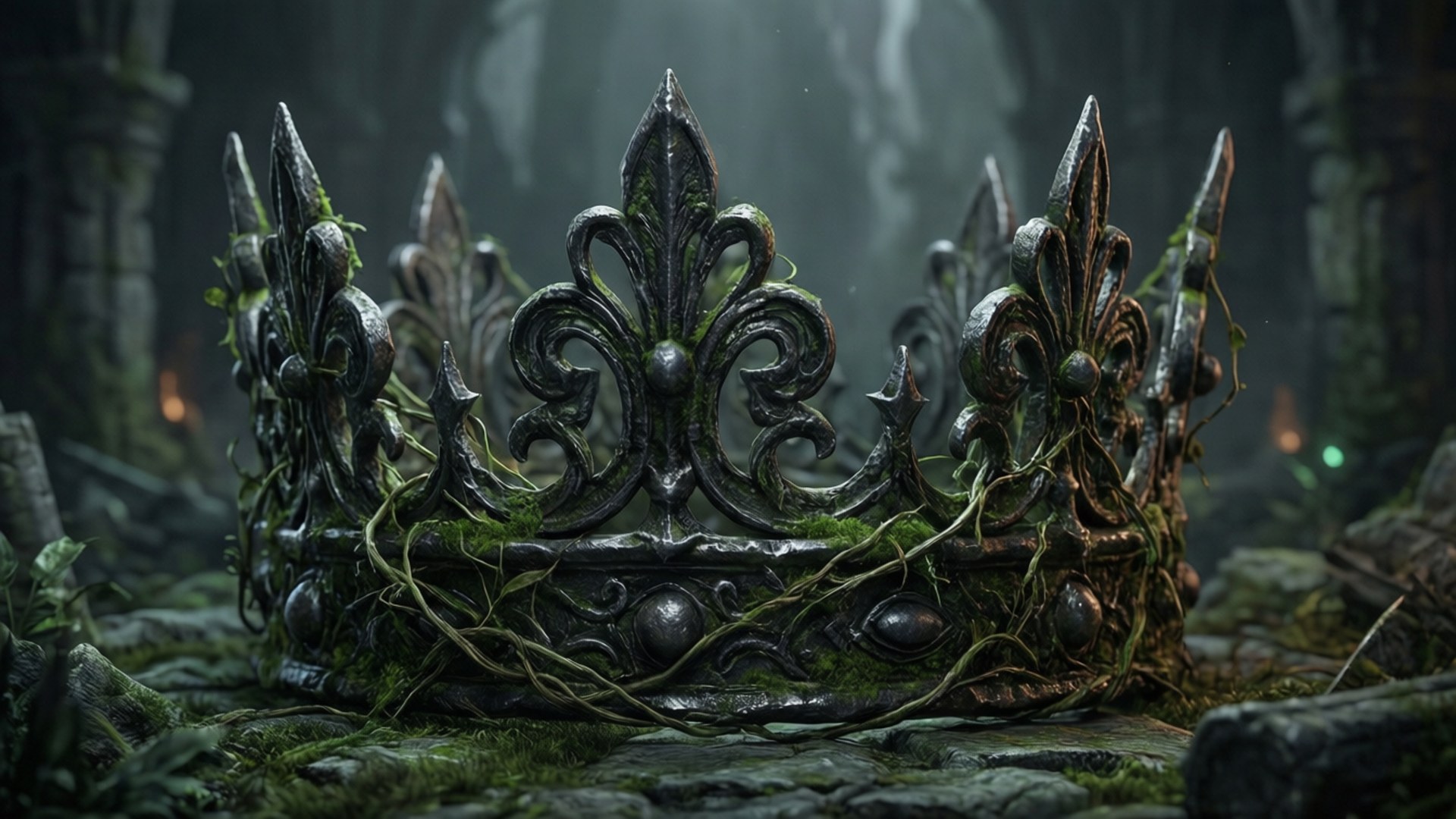 Ruined Iron Crown Wallpaper — An ornate, moss-covered crown with fleur-de-lis motifs rests in a misty, ruin-filled forest glen.