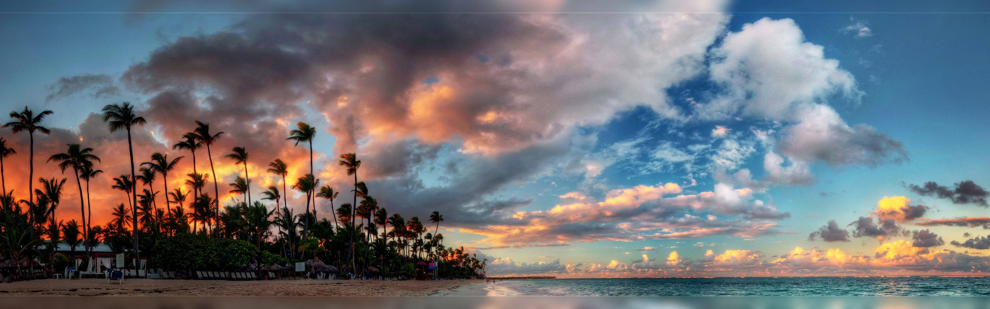 Rosy Sky Tropical Beach Dual Screen Wallpaper