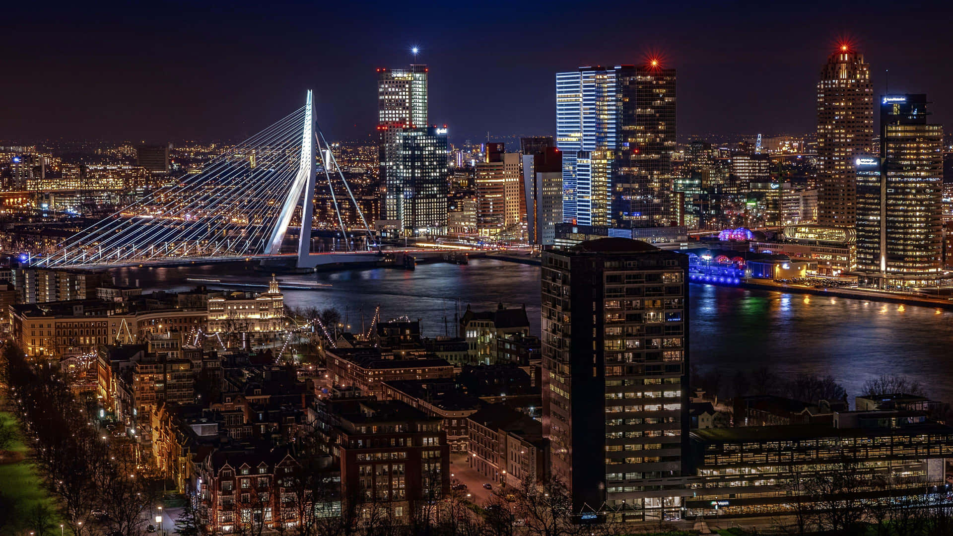 Garis Langit Malam Rotterdam Jembatan Erasmus Wallpaper