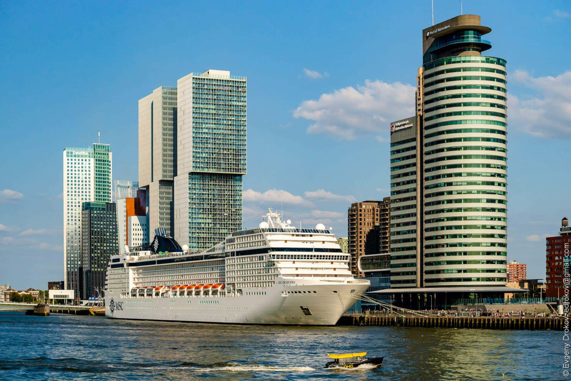 Rotterdam Skyline Cruise Ship Docked Wallpaper