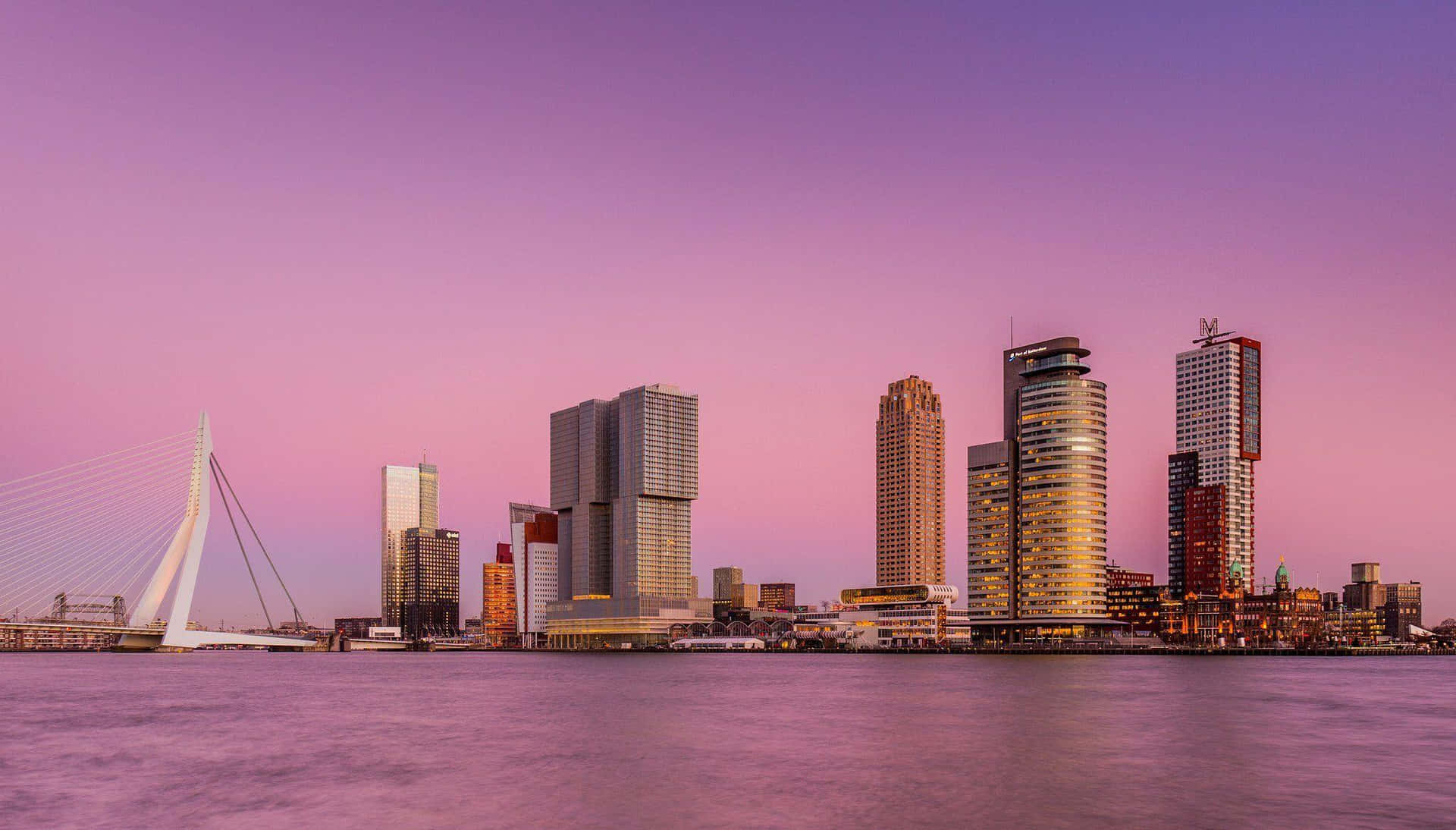 Rotterdam Skyline Dusk Purple Sky Wallpaper